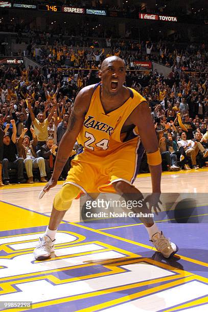 Kobe Bryant of the Los Angeles Lakers reacts after dunking against the Phoenix Suns in Game One of the Western Conference Finals during the 2010 NBA...