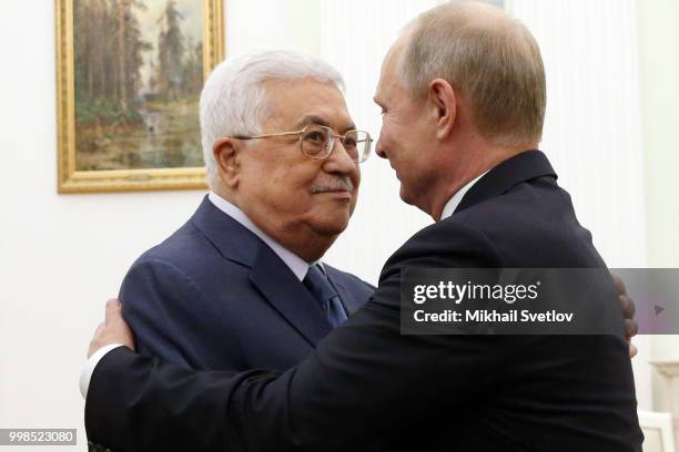 Russian President Vladimir Putin meets Palestinian President Mahmoud Abbas at the Kremlin, on July 14, 2018 in Moscow, Russia. The Palestinian leader...