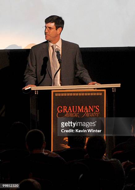 Chairman of Walt Disney Studios Rich Ross speaks onstage during the Jerry Bruckheimer hand and footprint ceremony held at Grauman's Chinese Theatre...