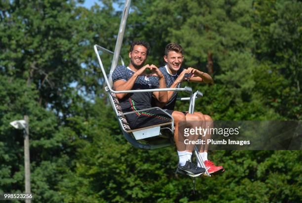 Koen Persoons with Jenthe Mertens during team bonding activities during the OHL Leuven training session on July 09, 2018 in Maribor, Slovenia