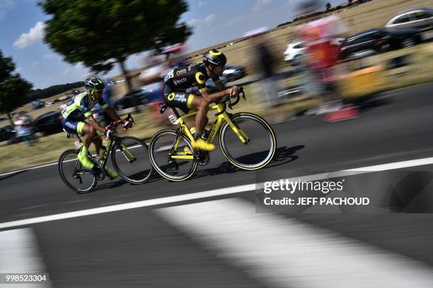 France's Fabien Grellier and Netherlands' Marco Minnaard ride during their two-men breakaway in the eighth stage of the 105th edition of the Tour de...