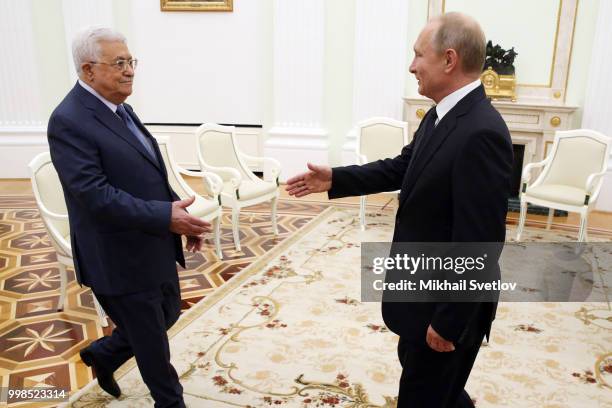 Russian President Vladimir Putin meets Palestinian President Mahmoud Abbas at the Kremlin, on July 14, 2018 in Moscow, Russia. The Palestinian leader...