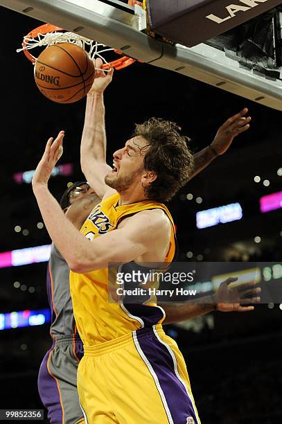 Pau Gasol of the Los Angeles Lakers dunks the ball against the Phoenix Suns in Game One of the Western Conference Finals during the 2010 NBA Playoffs...