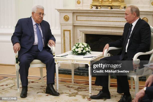 Russian President Vladimir Putin meets Palestinian President Mahmoud Abbas at the Kremlin, on July 14, 2018 in Moscow, Russia. The Palestinian leader...