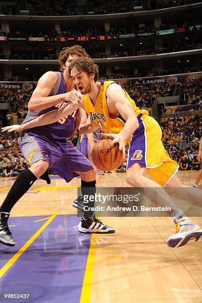 Pau Gasol of the Los Angeles Lakers drives against Robin Lopez of the Phoenix Suns in Game One of the Western Conference Finals during the 2010 NBA...