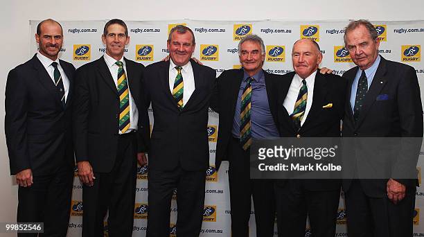 Wallaby statesmen David Wilson, Roger Gould, Greg Cornelsen, John Brass, Peter Johnson and David Brockhoff pose for a group photo after their...