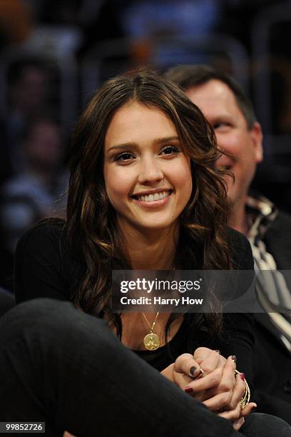 Actress Jessica Alba watches the Los Angeles Lakers play the Phoenix Suns in Game One of the Western Conference Finals during the 2010 NBA Playoffs...