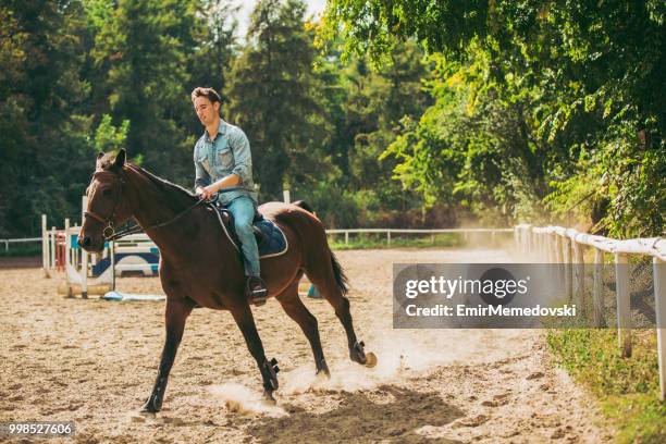 young man is enjoying horseback riding in nature - emir memedovski stock pictures, royalty-free photos & images