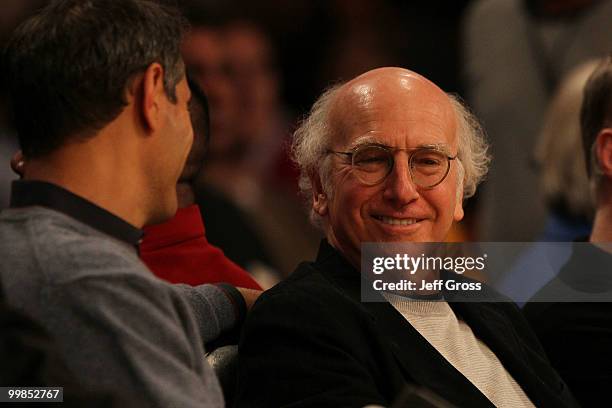 Actor Larry David watches the Los Angeles Lakers play the Phoenix Suns in Game One of the Western Conference Finals during the 2010 NBA Playoffs at...