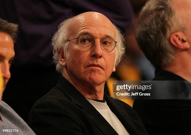 Actor Larry David watches the Los Angeles Lakers play the Phoenix Suns in Game One of the Western Conference Finals during the 2010 NBA Playoffs at...