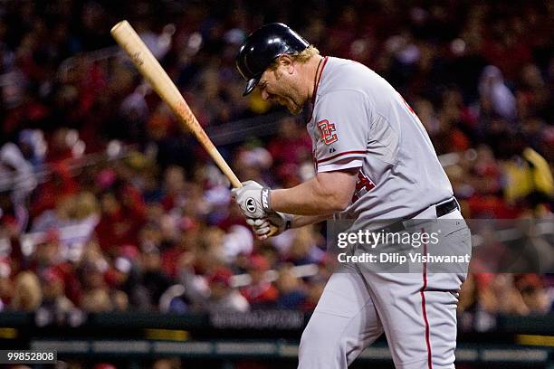 Adam Dunn of the Washington Nationals reacts to striking out against the St. Louis Cardinals at Busch Stadium on May 17, 2010 in St. Louis, Missouri....