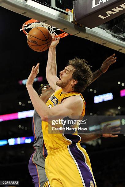 Pau Gasol of the Los Angeles Lakers dunks the ball against the Phoenix Suns in Game One of the Western Conference Finals during the 2010 NBA Playoffs...