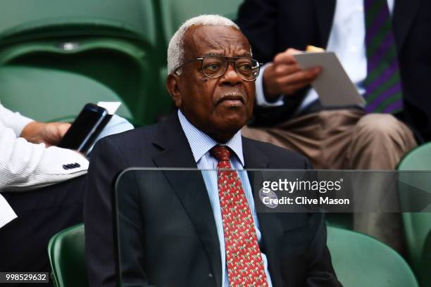 Sir Trevor McDonald attends day twelve of the Wimbledon Lawn Tennis Championships at All England Lawn Tennis and Croquet Club on July 14, 2018 in...