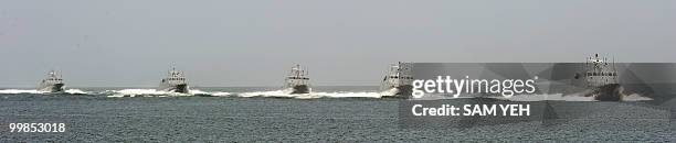 Five Taiwan's homemade missile boats exercise at sea near the Tsuoying naval base in southern Taiwan on May 18, 2010. Taiwan put into service its...