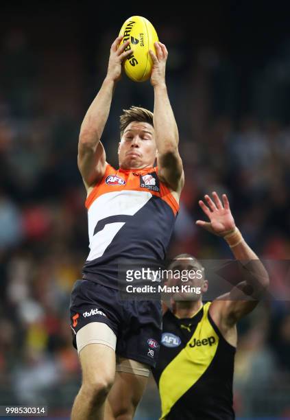 Toby Greene of the Giants takes a mark during the round 17 AFL match between the Greater Western Sydney Giants and the Richmond Tigers at Spotless...