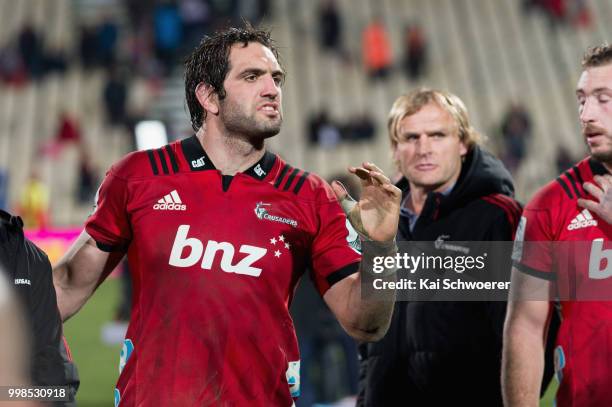 Captain Samuel Whitelock of the Crusaders speaks to his team mates after the win in the round 19 Super Rugby match between the Crusaders and the...