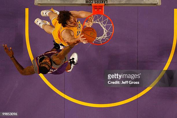 Pau Gasol of the Los Angeles Lakers dunks the ball against the Phoenix Suns in Game One of the Western Conference Finals during the 2010 NBA Playoffs...