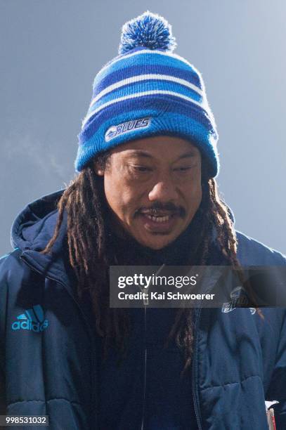Head Coach Tana Umaga of the Blues looks on after the loss in the round 19 Super Rugby match between the Crusaders and the Blues at AMI Stadium on...