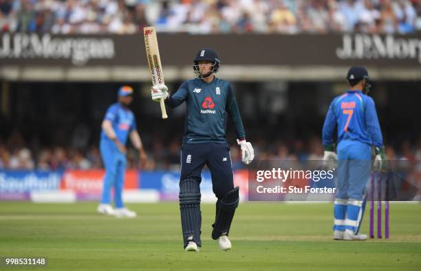 England batsman Joe Root reaches his 50 during the 2nd ODI Royal London One Day International match between England and India at Lord's Cricket...