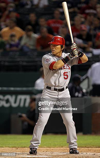 Hideki Matsui of the Los Angeles Angels of Anaheim at bat against the Texas Rangers on May 17, 2010 at Rangers Ballpark in Arlington, Texas.