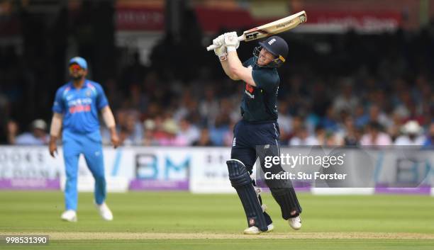England batsman Eoin Morgan hits out during the 2nd ODI Royal London One Day International match between England and India at Lord's Cricket Ground...