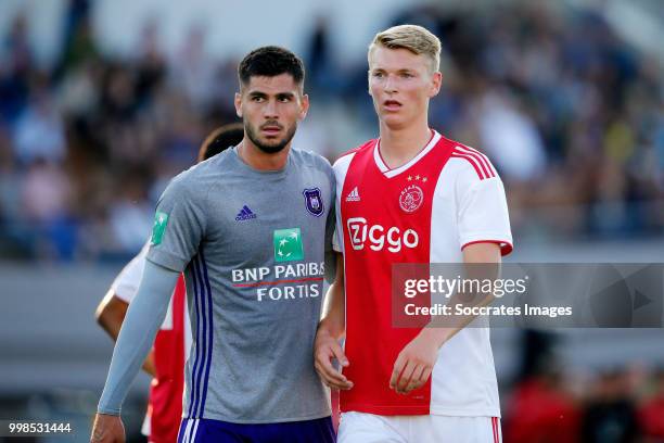 Yevhenii Makarenko of Anderlecht, Perr Schuurs of Ajax during the Club Friendly match between Ajax v Anderlecht at the Olympisch Stadion on July 13,...