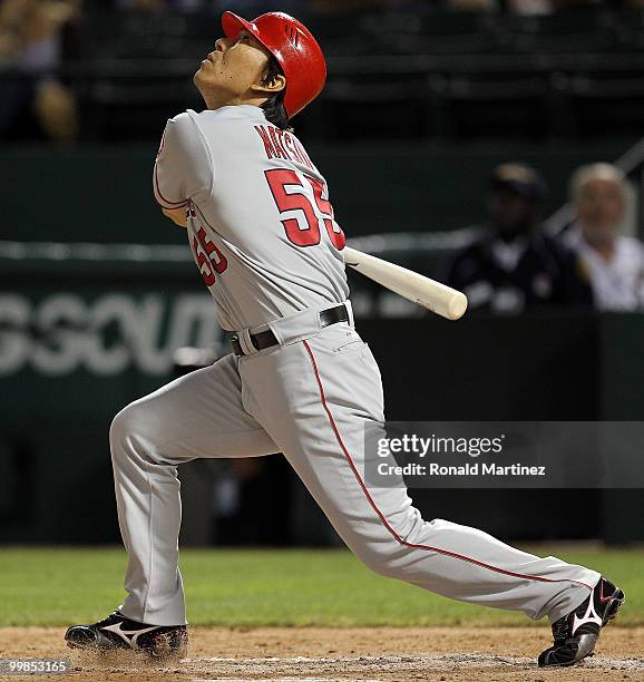 Hideki Matsui of the Los Angeles Angels of Anaheim at bat against the Texas Rangers on May 17, 2010 at Rangers Ballpark in Arlington, Texas.