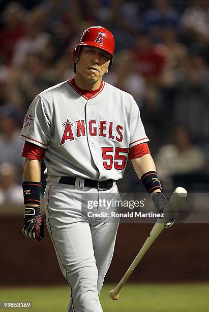 Hideki Matsui of the Los Angeles Angels of Anaheim reacts after striking out against the Texas Rangers on May 17, 2010 at Rangers Ballpark in...