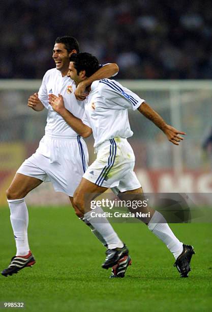 Fernando Hierro and Luis Figo of Real Madrid celebrate during the Champions League match played at the Olympic stadium in Rome, Italy. Real Madrid...