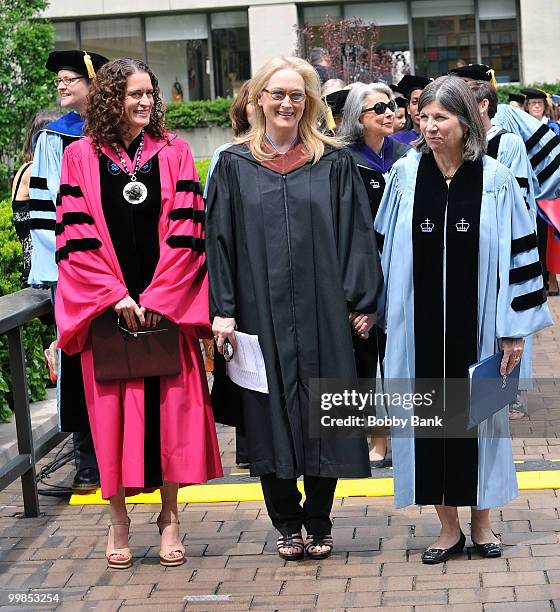Barnard President Debora L. Spar, actress Meryl Streep and author Anna Quindlen attend the 2010 commencement at Barnard College on May 17, 2010 in...