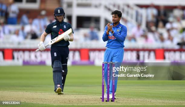 Kuldeep Yadav of India celebrates dismissing England captain Eoin Morgan during the 2nd ODI Royal London One-Day match between England and India at...
