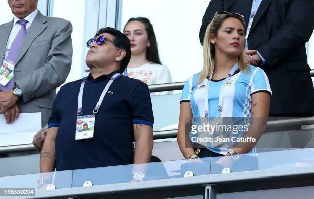 Diego Maradona and his girlfriend Rocio Oliva during the 2018 FIFA World Cup Russia Round of 16 match between France and Argentina at Kazan Arena on...