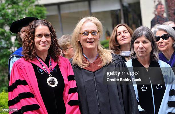 Barnard President Debora L. Spar, actress Meryl Streep and author Anna Quindlen attend the 2010 commencement at Barnard College on May 17, 2010 in...