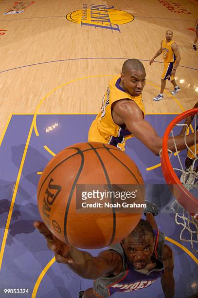 Jason Richardson of the Phoenix Suns goes up for a shot against Andrew Bynum of the Los Angeles Lakers in Game One of the Western Conference Finals...