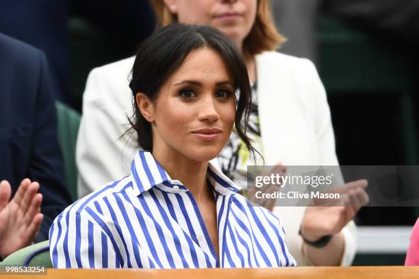 Meghan, Duchess of Sussex attends day twelve of the Wimbledon Lawn Tennis Championships at All England Lawn Tennis and Croquet Club on July 14, 2018...