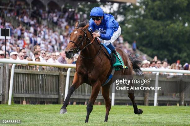 William Buick riding Quorto win The bet365 Superlative Stakes at Newmarket Racecourse on July 14, 2018 in Newmarket, United Kingdom.