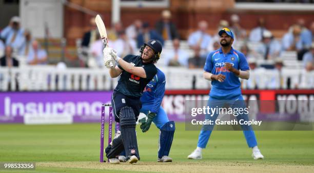 England captain Eoin Morgan bats during the 2nd ODI Royal London One-Day match between England and India at Lord's Cricket Ground on July 14, 2018 in...