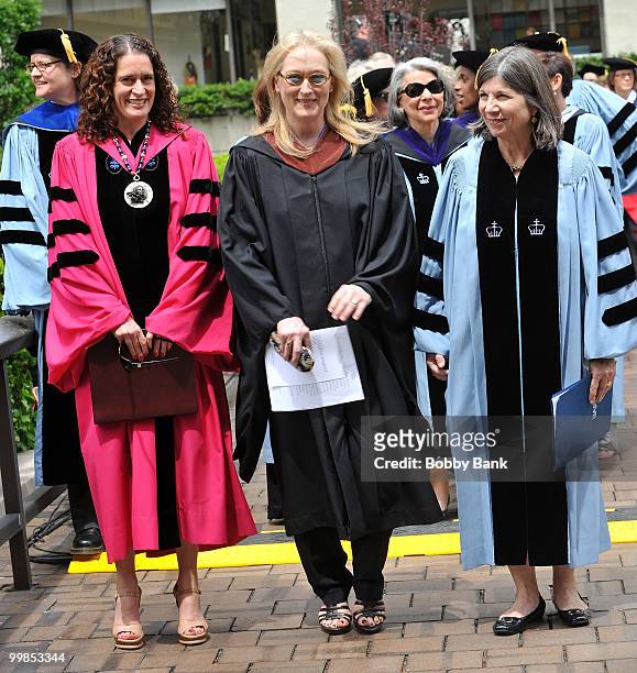 Barnard President Debora L. Spar, actress Meryl Streep and author Anna Quindlen attend the 2010 commencement at Barnard College on May 17, 2010 in...