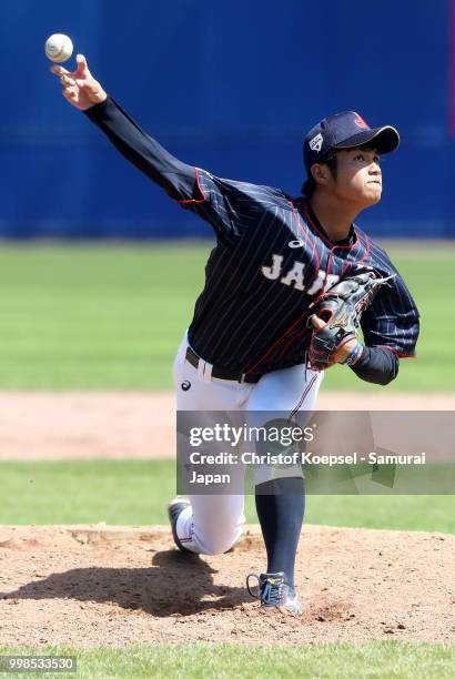 Hiroshi Kaino of Japan pitches in the nineth inning during the Haarlem Baseball Week game between Chinese Taipei and Japan at the Pim Mulier...