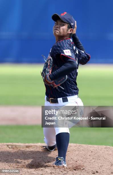 Hiroshi Kaino of Japan pitches in the nineth inning during the Haarlem Baseball Week game between Chinese Taipei and Japan at the Pim Mulier...