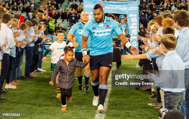 Taqele Naiyaravoro of the Waratahs runs on to the field for his 50th NSW game, for the round 19 Super Rugby match between the Waratahs and the...