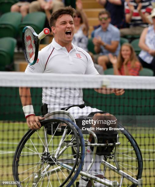 July 14: Gordon Reid of Great Britain celebrates after winning the mens doubles wheelchair final against Stefan Olsson of Sweden and Joachim Gerard...