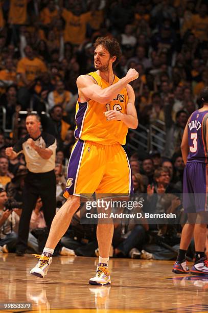 Pau Gasol of the Los Angeles Lakers reacts during a game against the Phoenix Suns in Game One of the Western Conference Finals during the 2010 NBA...