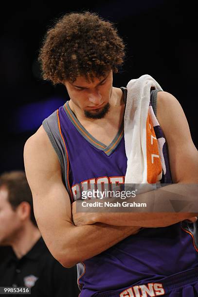 Robin Lopez of the Phoenix Suns looks on against the Los Angeles Lakers in Game One of the Western Conference Finals during the 2010 NBA Playoffs at...