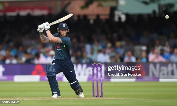 England batsman Ben Stokes hits out during the 2nd ODI Royal London One Day International match between England and India at Lord's Cricket Ground on...