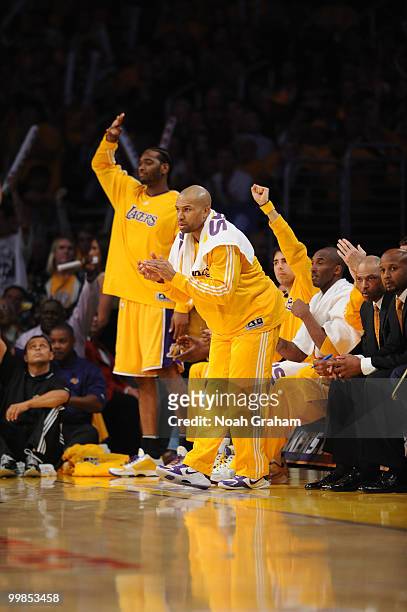 Josh Powell and Derek Fisher of the Los Angeles Lakers react during a game against the Phoenix Suns in Game One of the Western Conference Finals...