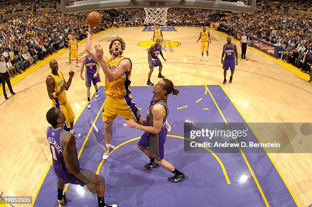 Pau Gasol of the Los Angeles Lakers goes up for a shot against Louis Amundson of the Phoenix Suns in Game One of the Western Conference Finals during...