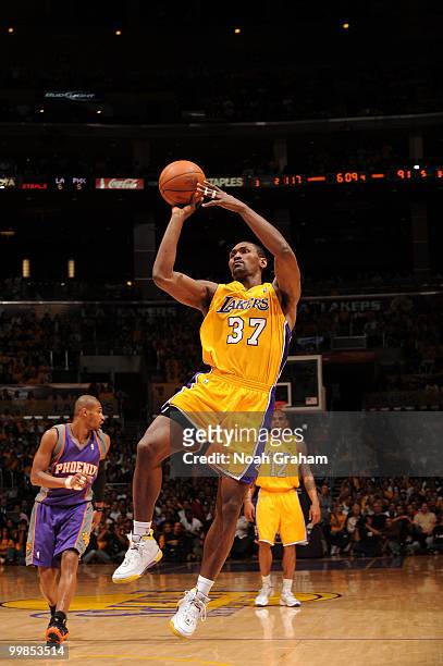 Ron Artest of the Los Angeles Lakers shoots against the Phoenix Suns in Game One of the Western Conference Finals during the 2010 NBA Playoffs at...