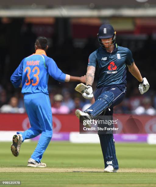 England batsman Ben Stokes reacts after being dismissed for 5 runs during the 2nd ODI Royal London One Day International match between England and...