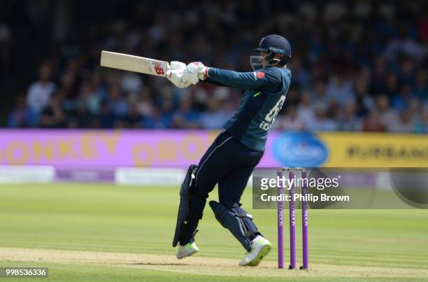 Joe Root of England hits out during the 2nd Royal London One-Day International between England and India at Lord's Cricket Ground on July 14, 2018 in...